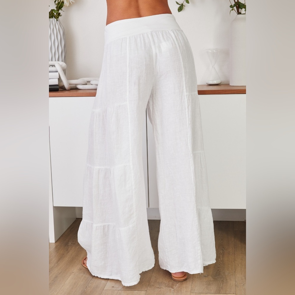 (2-36/255005-SOL-WHT) LINEN TIERED PALAZZO PANT - Picture 2 of 5